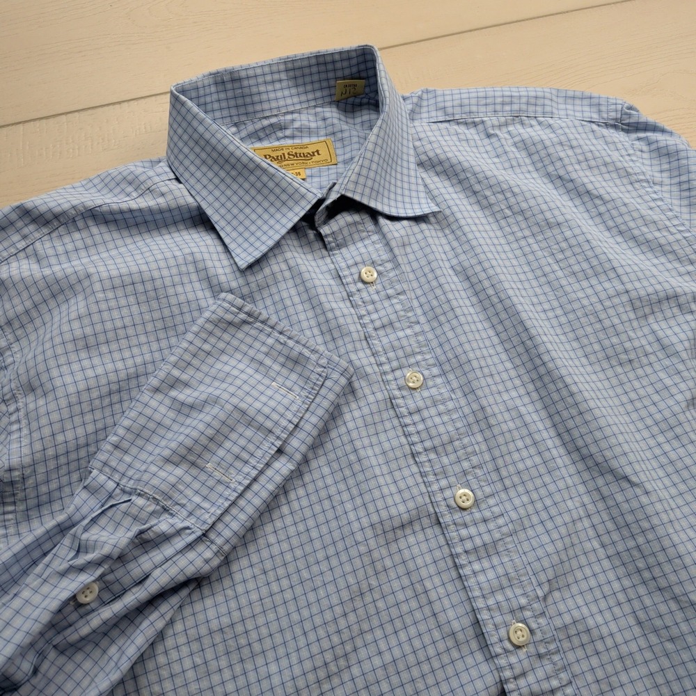 Paul Stuart Mens Dress Shirt 17-36 Blue White Check French Cuffs Made‎ in Canada